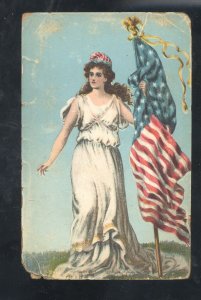 LADY LIBERTY UNITED STATES FLAG OSTUMA OKLAHOMA CANCEL 1908 VINTAGE POSTCARD