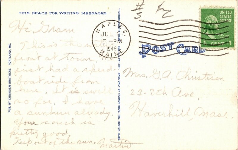 Naples Maine Bay Inn Vintage Linen Postcard Cancel Cancel 1c Stamp WOB Vintage 