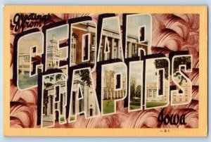 Cedar Rapids Iowa IA Postcard Large Letter Greetings Landmarks c1940s Vintage