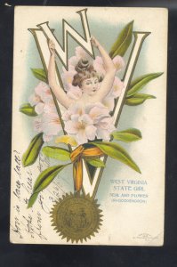 WEST VIRGINIA STATE GIRL SEAL AND FLOWER GOLD MEDAL VINTAGE POSTCARD