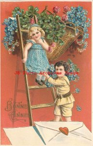 New Year, Bonne Annee, Children on Ladder, Forget Me Not Flowers