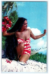 c1960's A Beautiful Tahitian Maid with Fishing Net as Background Tahiti Postcard