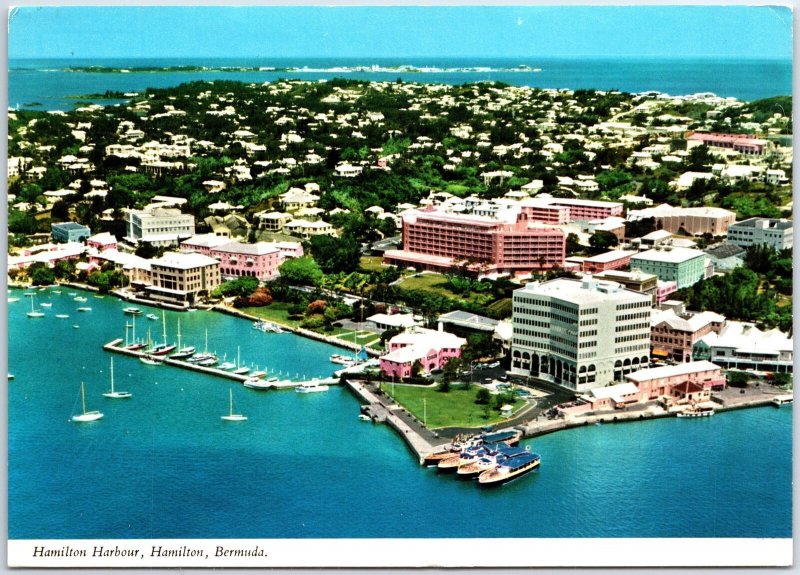 VINTAGE CONTINENTAL SIZED POSTCARD BIRD'S EYE VIEW OF HAMILTON HARBOUR BERMUDA