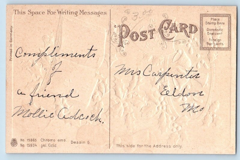 Christmas Postcard Holly Berries Book Mistletoe Ringing Bells Embossed c1910's