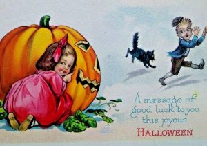 Halloween Postcard Children Playing Black Cat Stecher 1290 D Unused Vintage