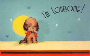 I'M LONESOME! Puppy Dog Moon Comic Greetings c1930s Vintage Linen Postcard