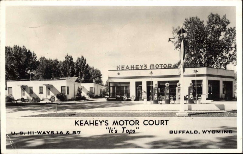 Roadside Gas Station Keahey's Motor Court Buffalo WY 1942 Used RPPC