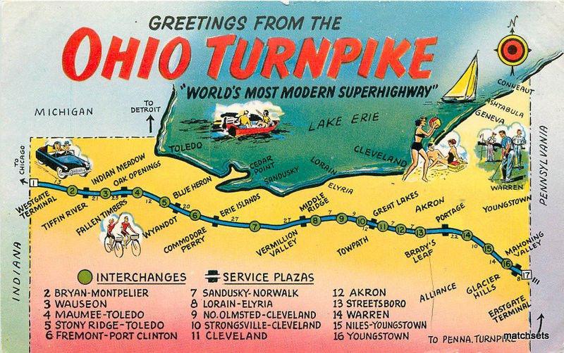 1950s Map Attractions OHIO TURNPIKE Plastchrome postscard 2697