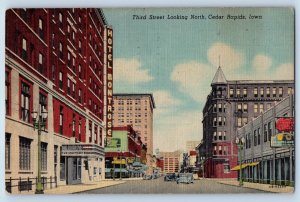 Cedar Rapids Iowa Postcard Third Street Looking North Classic Cars Building 1951