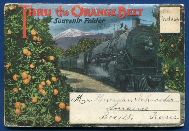 Thru the Orange Belt steam locomotive groves California travel postcard folder