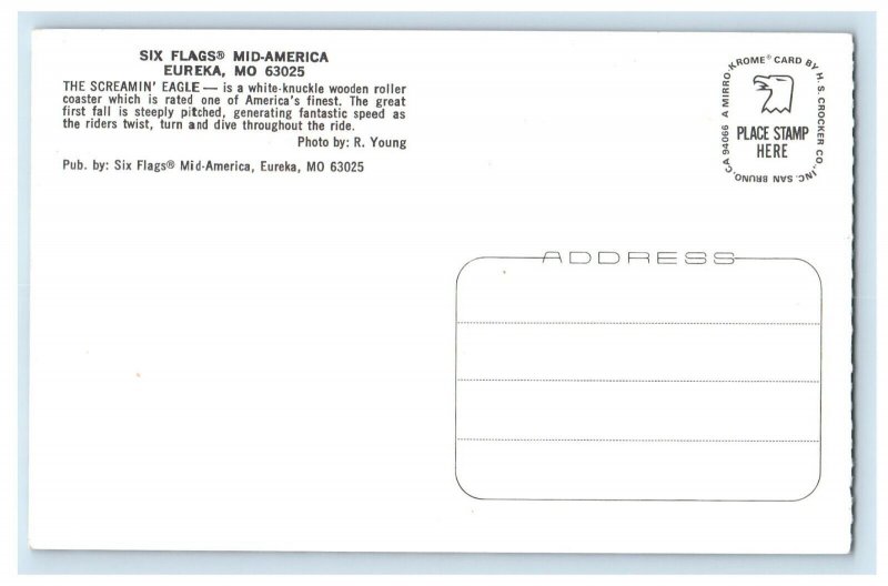 Eureka MO, Six Flags Mid America Screamin Eagle Wooden Roller Coaster Postcard 