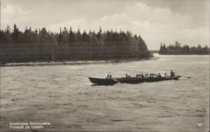 Finland Boating Koskivene Oulunjoella Forsbat pa Ulealv Real Photo Postcard