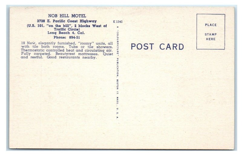 LONG BEACH, CA California ~ Roadside NOB HILL MOTEL c1940s Linen Postcard