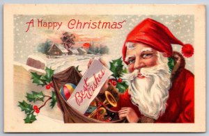 Christmas~Santa Opens Bag Of Toys~Pulls Out “Best Wishes”~Stecher 1555A~c1910