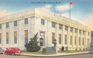 MANCHESTER, NH New Hampshire  POST OFFICE  Street View~Cars  c1940's Postcard