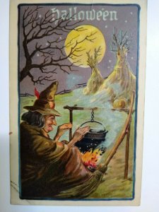 Halloween Postcard Witch Cauldron Haunted Moon Leubrie & Elkus 2231 Antique