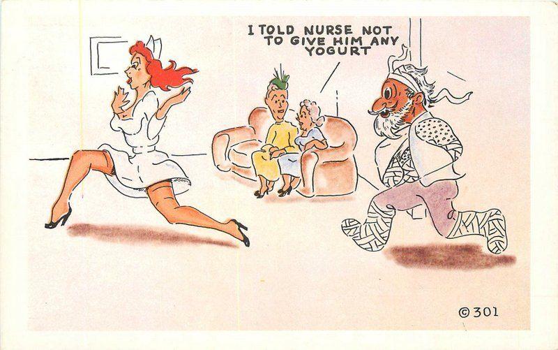 Comic Humor 1950s Sexy Pin Up Nurse Postcard Old Man Chasing Noble