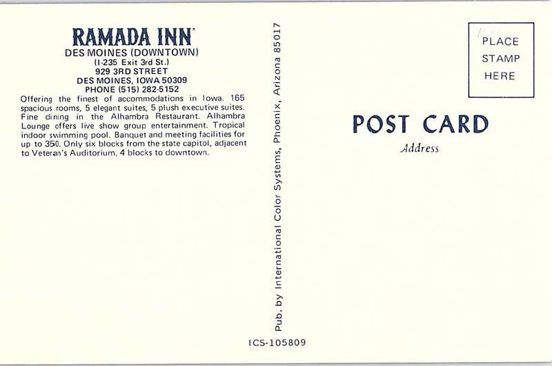 Postcard HOTEL SCENE Des Moines Iowa IA AJ0021