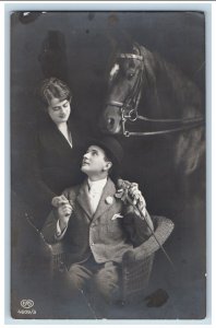 Sweden Postcard RPPC Photo Couple Romance And Horse 1918 Posted Antique