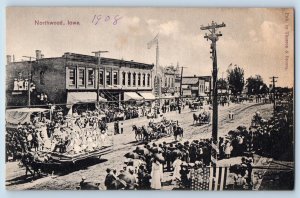Northwood Iowa IA Postcard Road Parade Horse Carriage Crowded People Flags
