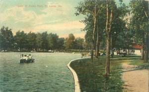 St Louis MO Lake O'Fallon Park, People in Canoe 1910 Litho Postcard Used