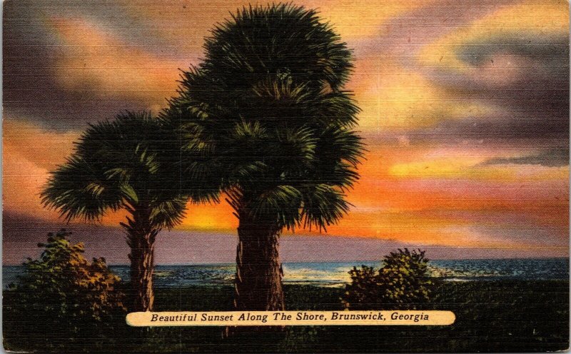 Sunset Along Shore Brunswick Georgia GA Linen Postcard PM Keywest FL Cancel WOB 