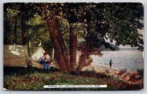 Duluth Minnesota~Pike Lake Tent Camp~Woman in Hammock~Fisherman~1915 Postcard