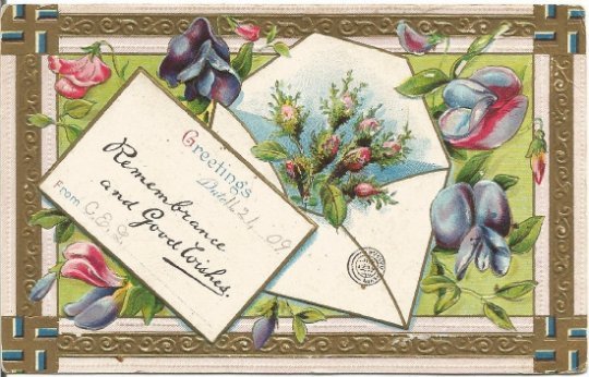 Envelope filled with pink roses Violets decorate this Vintage Postcard Greetings