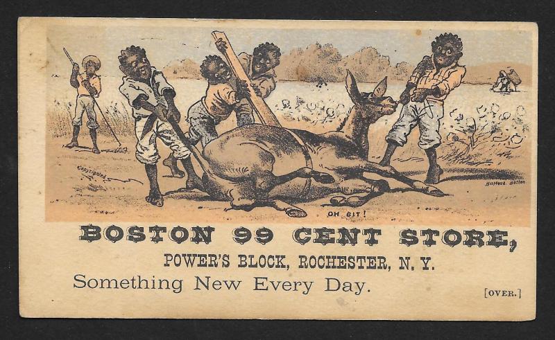 VICTORIAN TRADE CARD Boston 99 Cent Store Black Men & Donkey 'Oh Git'