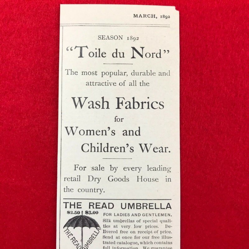 1892 Toile du Nord Read Umbrella Victorian Print Ad 2V1-104 