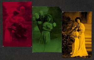 Lot of 3 romantic mono-colored portraits postcards couple romance lady & girl 