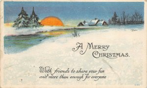 MERRY CHRISTMAS 1920 Postcard Sunrise Snow Pine Trees