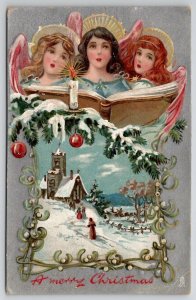 Christmas Greetings Choir Angels Above Snow Covered Church Tuck Postcard U26