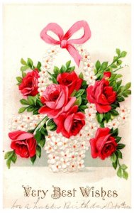 Very Best Wishes , White flower basket , red roase flowers  ,   embossed