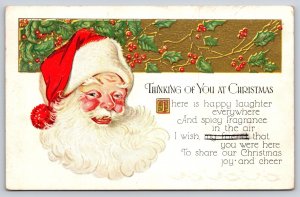 Christmas~Jolly Santa Thinking Of You~Gold/Holly Band~Emb~c1910 Vintage Postcard