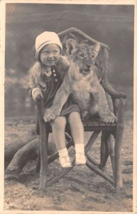 Berlin Germany Zoological Garden Girl with Baby Lion Real Photo Postcard AA75674