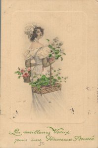 Vienna Style Girl With Flowers Vintage Postcard 08.08