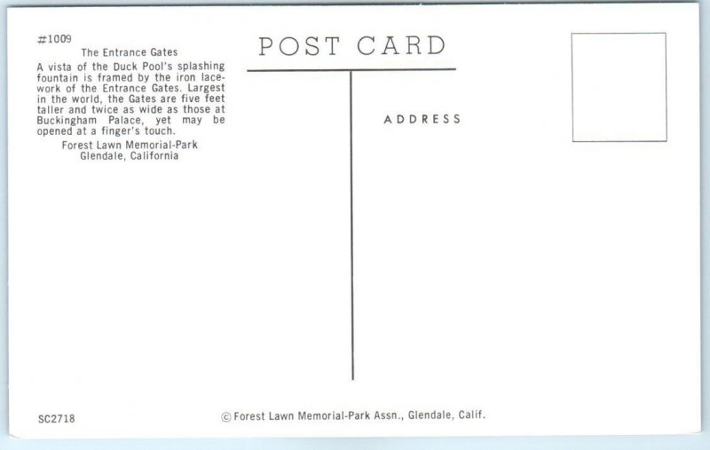 Postcard - The Entrance Gates, Forest Lawn Memorial-Park - Glendale, California