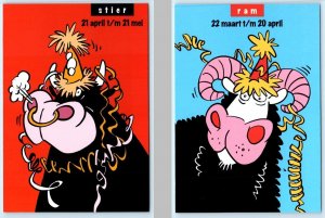 2 Postcards ZODIAC SIGNS ~ ARIES & TAURUS Netherlands Fun Comic Art  4x6