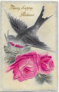 Many Happy Returns Birthday Card Embossed Bluebird & Roses