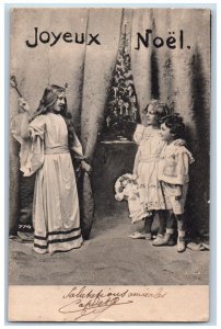 France Postcard Joyeux Noel Children With Bell And Doll c1905 Posted Antique