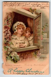 Christmas Postcard Tuck 6747 Victorian Children In Window Maud Goodman MG Signed