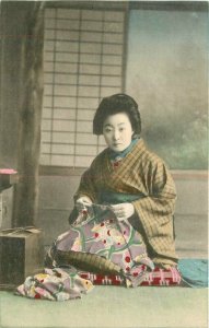 Japan Woman hand colored Sewing Fabric C-1910 Postcard Interior 22-2558