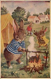 Helps Bunny Rabbit Fantasy Camping Campfire Medici Pk 318 Vintage PC