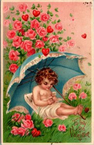 Vintage 1909 Cupid Cherub Under Umbrella Embossed To My Valentine Day Postcard