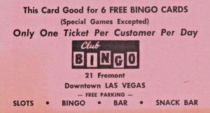 c.1960s Club Bingo Card Ticket Las Vegas Nevada Pioneer club