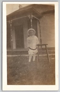 RPPC Cute Little Boy White Sailor Suit and Hat in Yard Postcard D27