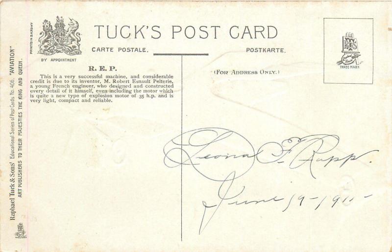 R.E.P.  MONOPLANE TUCK Aviation Series 1911 Embossed    Postcard