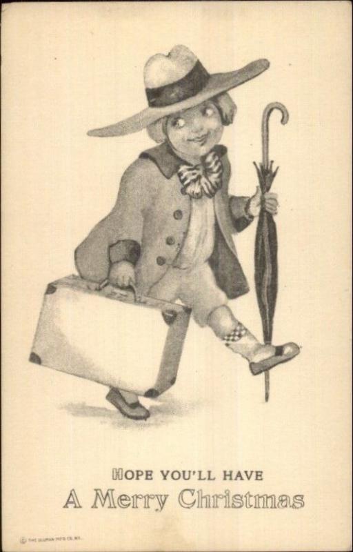 Christmas - Fancy Little Boy w/ Suitcase & Umbrella c1915 Postcard