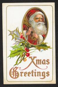 'Xmas Greetings' Santa & Holly Used c1910s